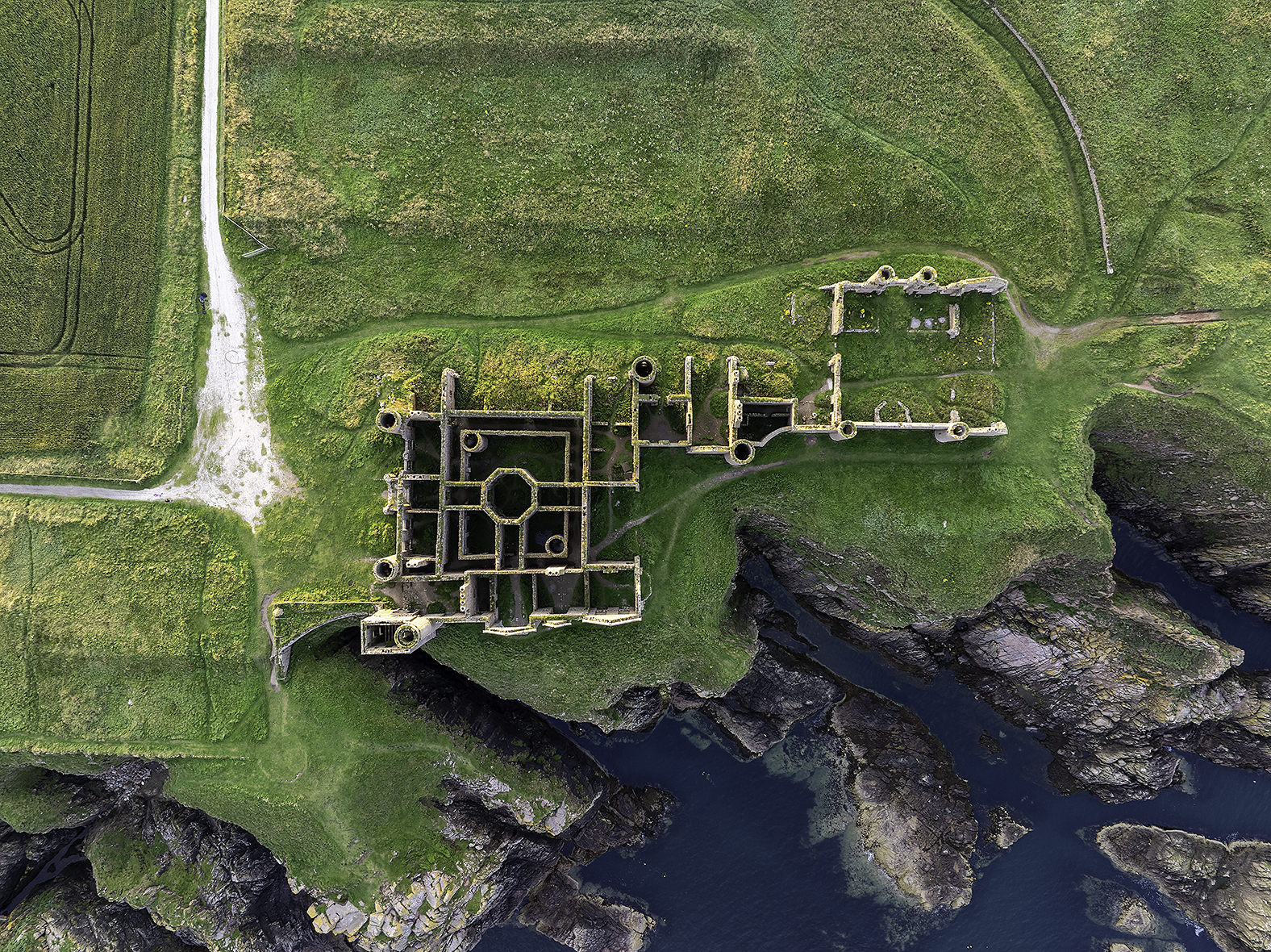 Overhead drone view of Slains Castle ruins