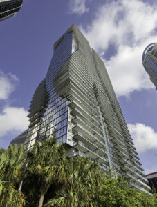 looking up side of miami world tower mid day